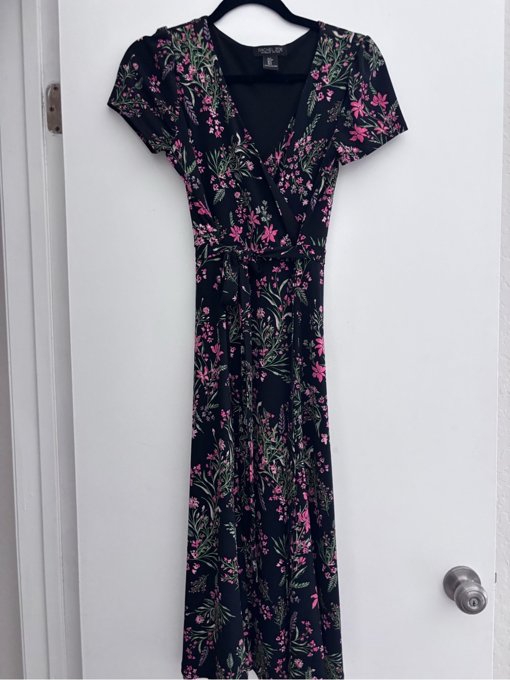 Rachel Zoe Black Floral Wrap Dress with Pink and Green Print